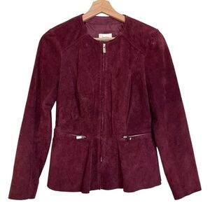 NEIMAN MARCUS Suede Leather Zip Front Collarless Jacket